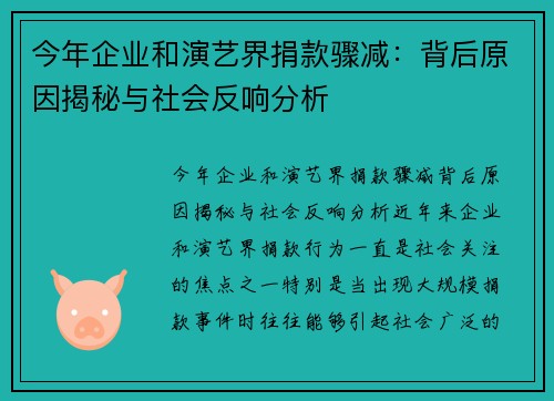 今年企业和演艺界捐款骤减：背后原因揭秘与社会反响分析