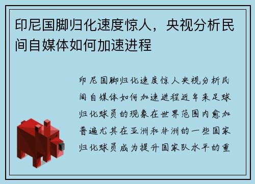 印尼国脚归化速度惊人，央视分析民间自媒体如何加速进程