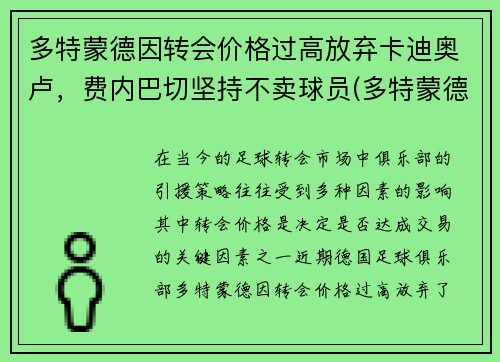 多特蒙德因转会价格过高放弃卡迪奥卢，费内巴切坚持不卖球员(多特蒙德状态火爆锁定德甲半程冠军)